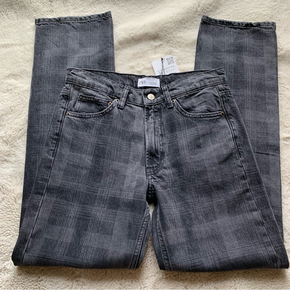 NWT Zara Women's Charcoal Mid Rise Checkered Plaid Jeans Size‎ 2